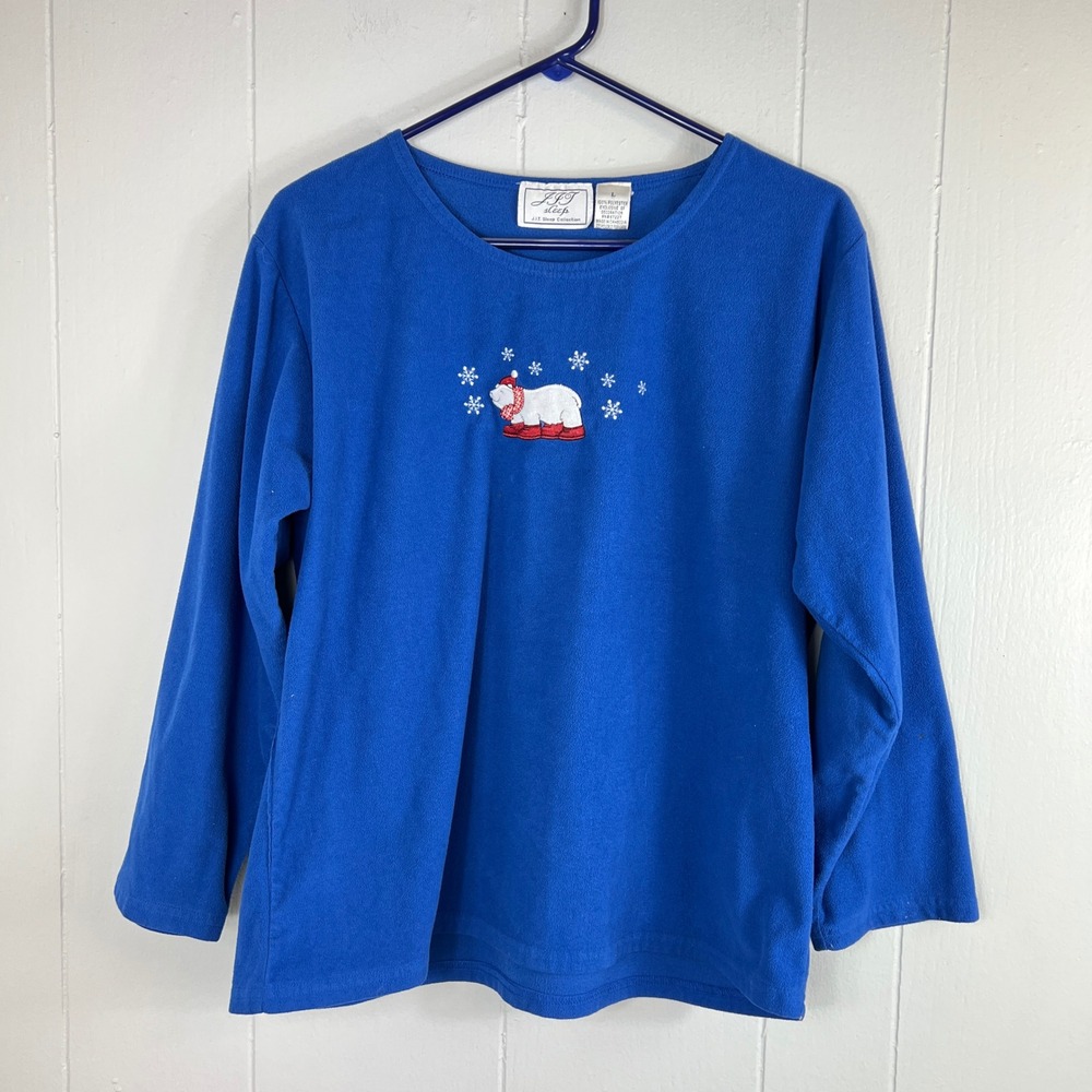 J.I.T. Sleep Collection Polar Bear Fleece Top Blue Holiday Pullover Womens L‎